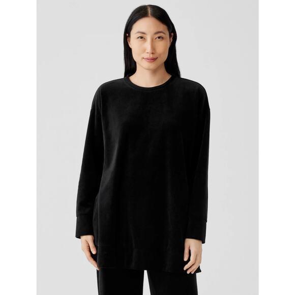 Eileen Fisher Women's Large Black Velour L/S Drop Shoulder Tunic Sweatshirt - Picture 1 of 10